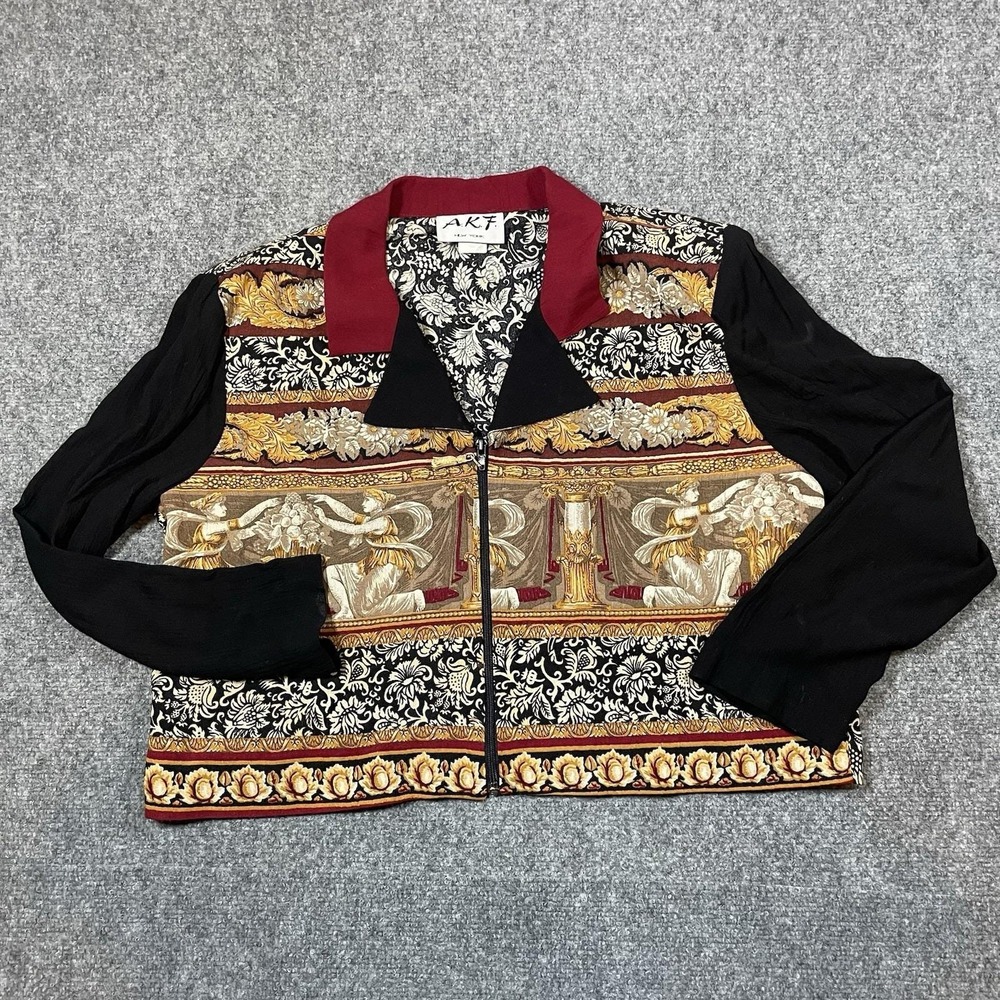 AKF Jacket Womens Medium Black Red Greco-Roman Floral Print Zip Front Tapestry